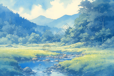 溪水潺潺山峦潺潺溪水的画卷插画