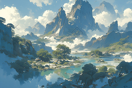 森林峡谷山水画中的山峦风景插画