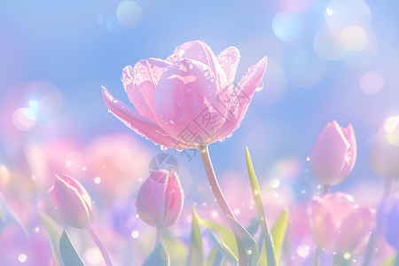绽放的郁金香漂亮的粉色花海插画