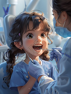 牙科检查检查口腔的卡通女孩插画