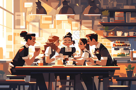咖啡餐厅咖啡馆里聚会的朋友插画