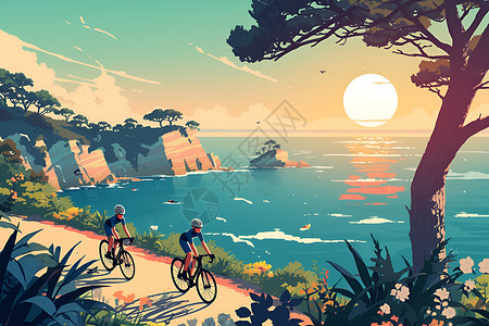 落日下的自行车骑手背景图片