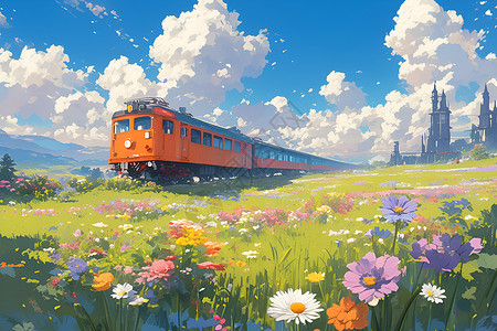 草地中的交通列车背景图片