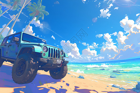 吉普车停靠沙滩上背景图片