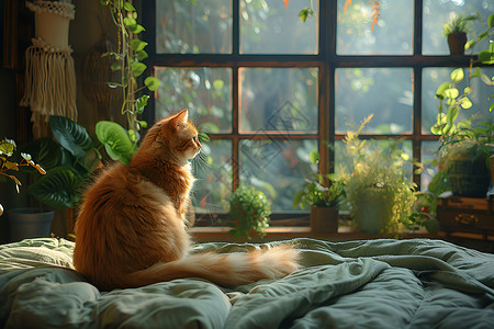 绿植中的猫一只猫坐在床上背景