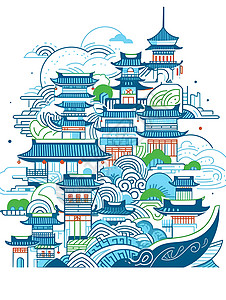 中国古建筑插画背景图片