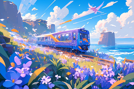 火车穿过海边花园高清图片
