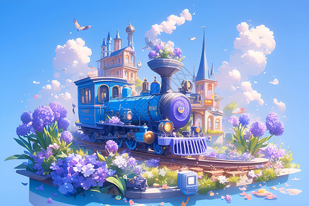 蓝色铁轨驶过花园城堡的蓝色火车插画