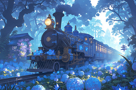 蓝色铁轨蓝色火车穿过蓝色花海插画