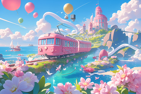 海面上穿行的粉色火车高清图片