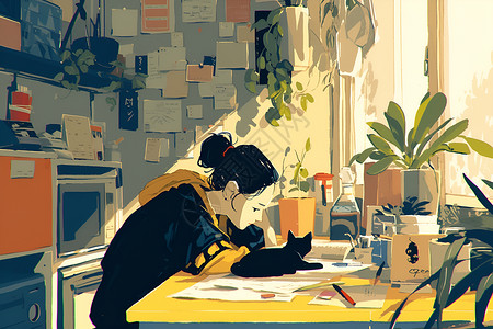 女孩和黑猫坐在桌前工作插画