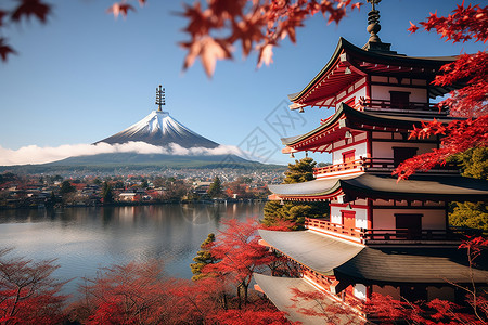 富士山红叶红叶与寺庙背景
