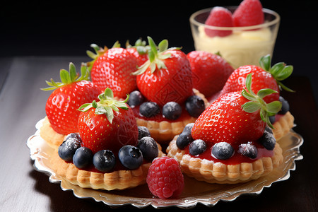 蓝莓草莓树莓草莓点缀的甜品背景