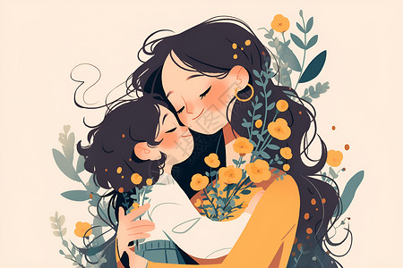 拥抱的母子温柔的母爱插画