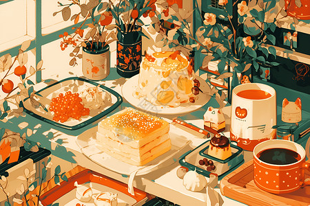 甜品与餐具温馨的下午茶插画