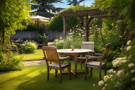 花园桌子花园中的桌椅背景