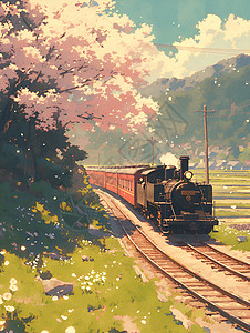 红花绿树花雨隧道中的火车插画