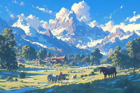 山脉下的牛羊背景图片