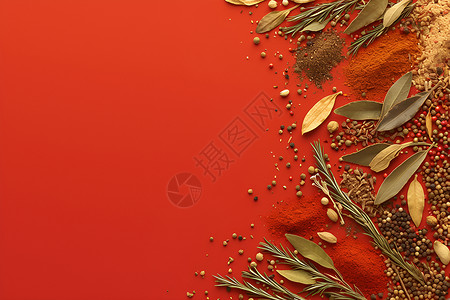 八角香叶红色背景山的香料插画