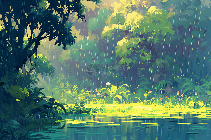 雨中森林的宁静景色图片