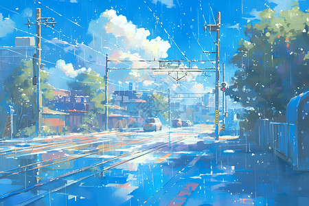 下雨马路宁静的街景插画