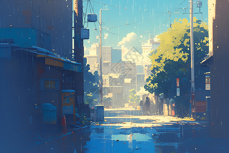 泥泞路面雨中静谧街景插画