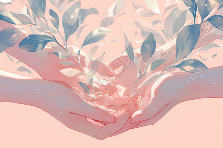 双极的粉色的双手握着植物插画