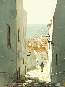 城市孤独行走在小巷的人插画