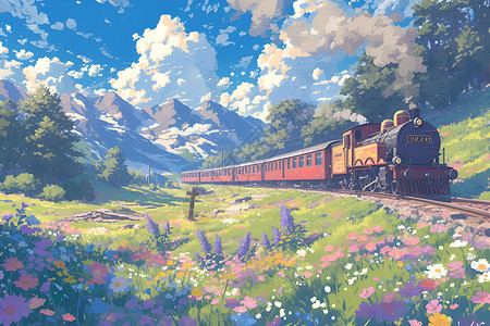 春天之旅缤纷花海中的列车之旅插画