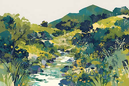 清澈溪流穿过翠绿山坡高清图片