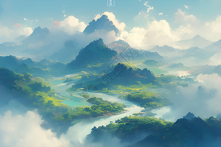 云雾缭绕森林云雾缭绕的山水风景插画