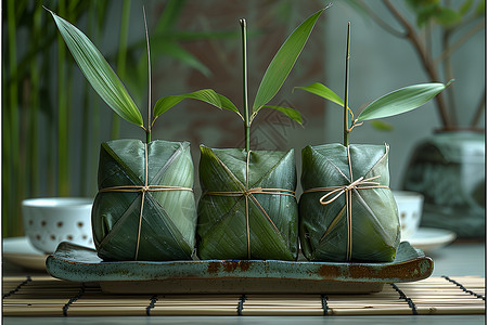 翠绿竹叶包裹的精美粽子背景图片