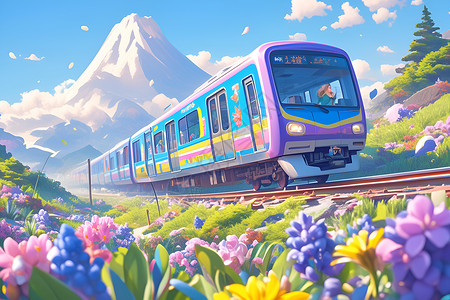 紫色火车穿行在花海中高清图片