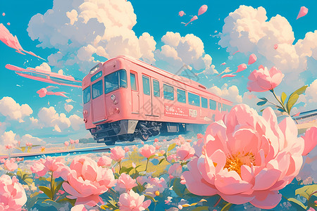 粉色火车穿梭花田间背景图片