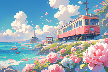 海边火车粉色列车在海边行驶插画