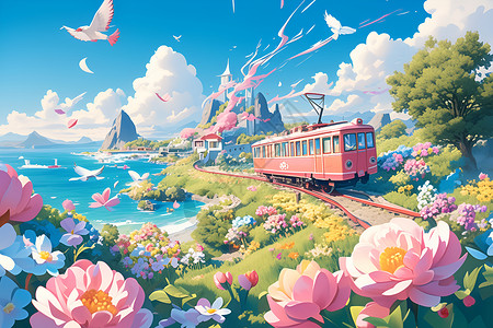 春天的列车粉色火车穿过花海的仙境插画