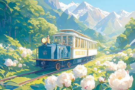风景相遇火车与牡丹花的梦幻相遇插画