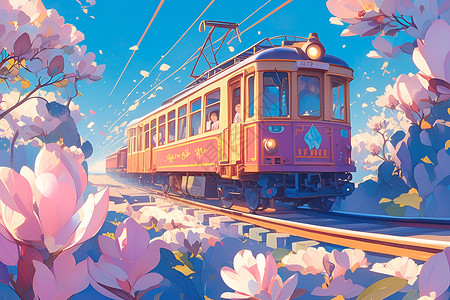 粉色玉兰粉色火车穿行在盛开的玉兰花海插画