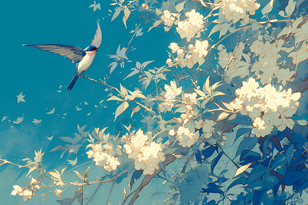白花树旁的鸟儿翱翔插画