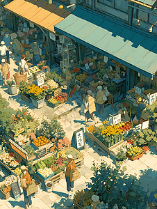 街边市场热闹的农贸市场插画