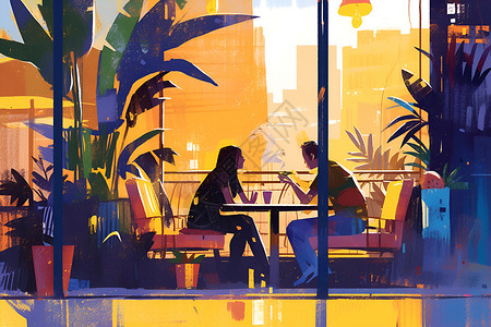 咖啡馆吧台桌子旁约会的男女插画