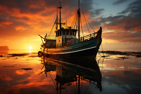 夕阳下的渔船背景