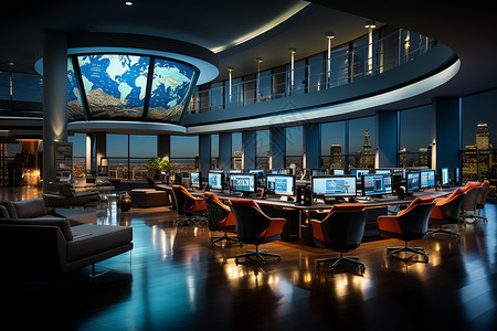 大厅屏幕城市景观中的现代证券交易所背景