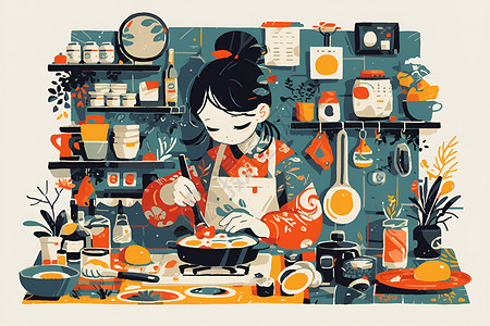 厨房做饭的女孩插画