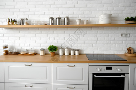 椰砖砖墙前的厨房台面背景