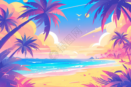 海岛夕阳海滩上的椰林插画