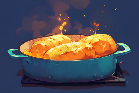 锅里荷包蛋锅里的烤红薯插画