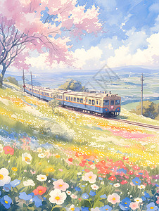 旅行火车春日绚丽花卉和列车插画