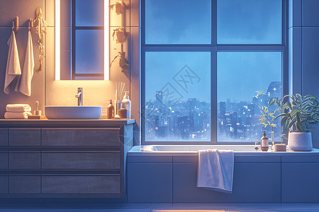 住宅插画夜晚的浴室背景