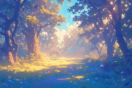森林中的阳光与鲜花背景图片